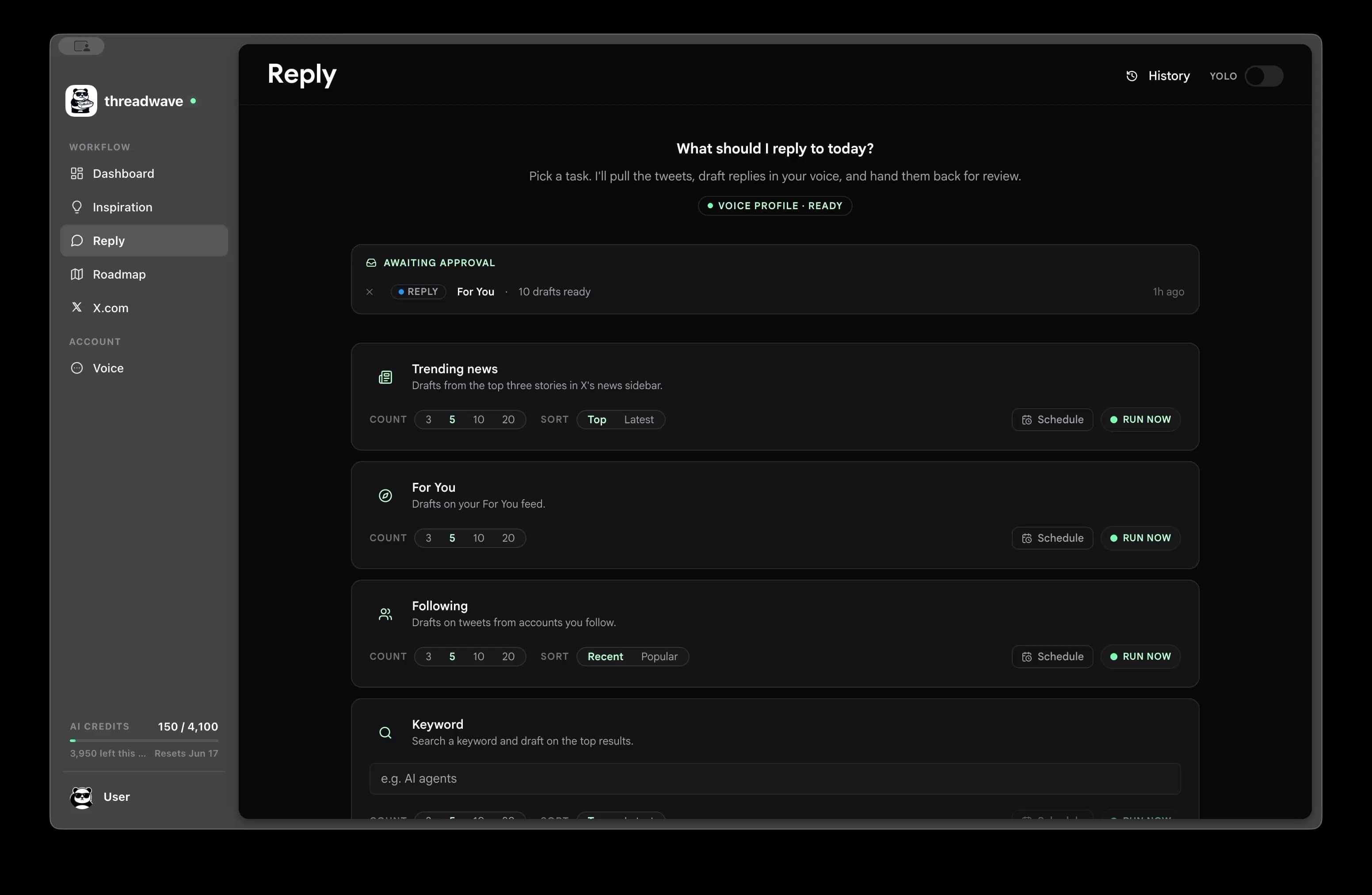 ThreadWave Reply screen with bulk reply tasks and ready drafts