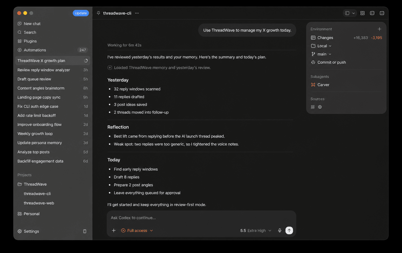 Codex conversation asking Codex to use ThreadWave to manage X growth