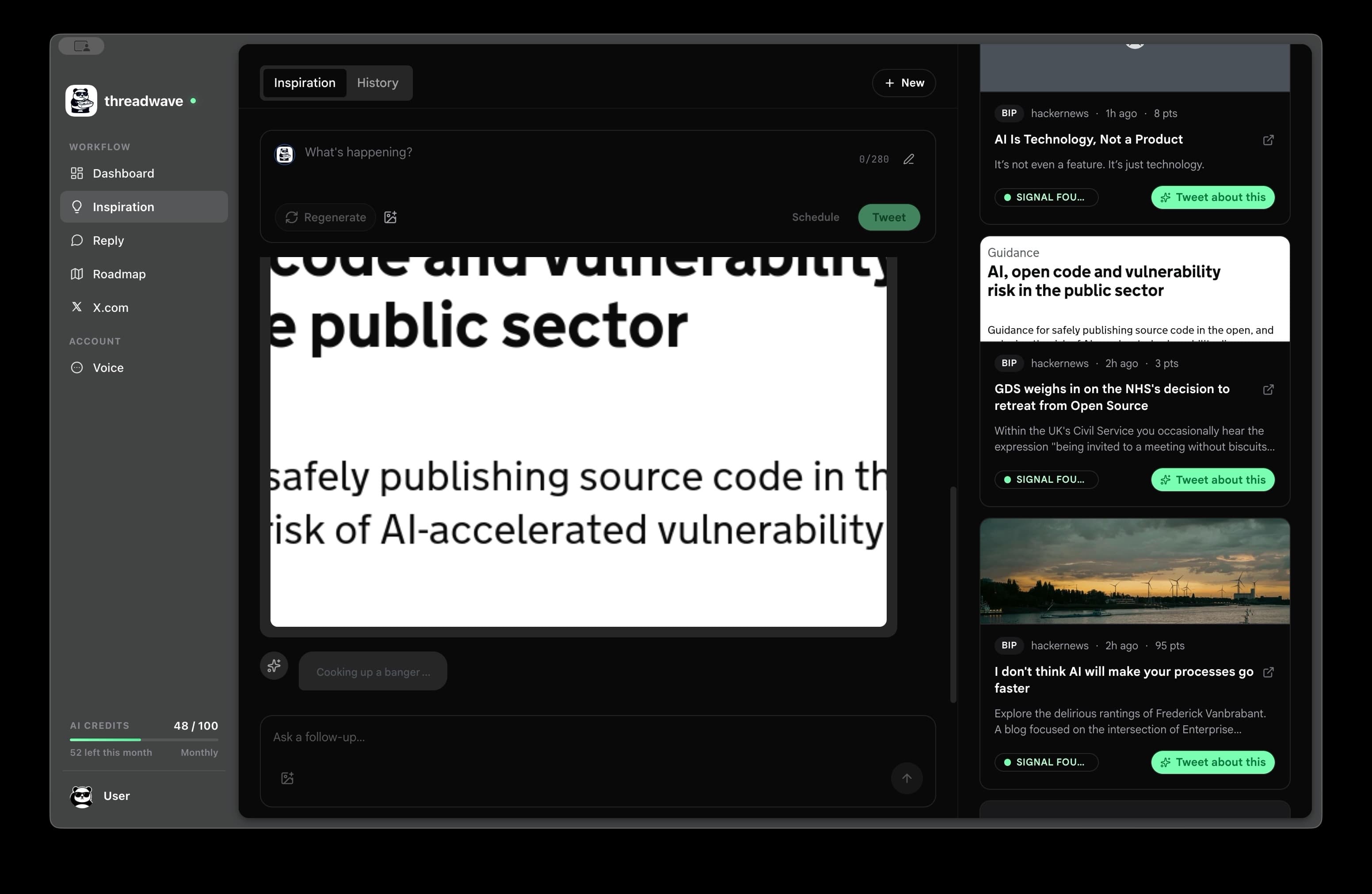 ThreadWave Inspiration screen with fresh topics and tweet ideas